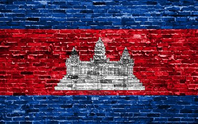4k, Cambodian flag, bricks texture, Asia, national symbols, Flag of Cambodia, brickwall, Cambodia 3D flag, Asian countries, Cambodia