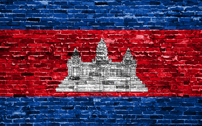 4k, الكمبودي العلم, الطوب الملمس, آسيا, الرموز الوطنية, علم كمبوديا, brickwall, كمبوديا 3D العلم, البلدان الآسيوية, كمبوديا