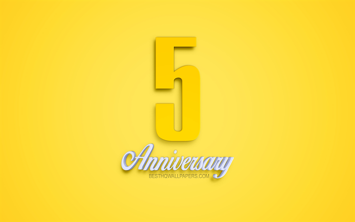 5 &#176; Anniversario segno, 3d anniversario simboli, giallo 3d cifre, 5 &#176; Anniversario, sfondo giallo, 3d arte creativa, 5 Anni