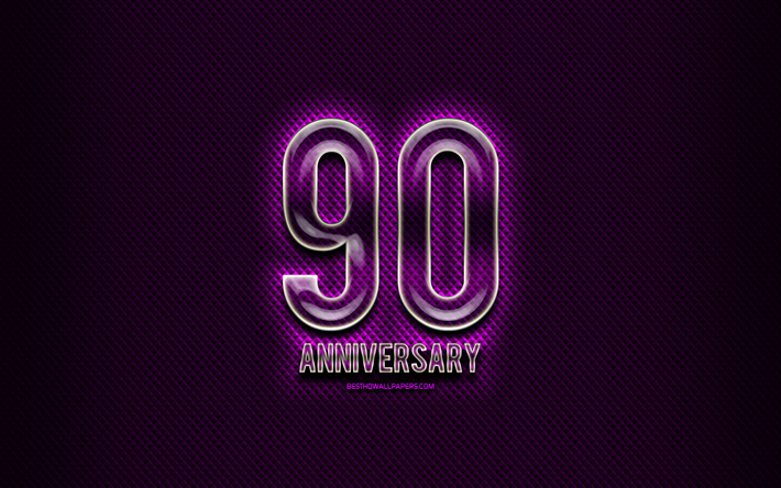 創立90周年記念, ガラス看板, 紫グランジの背景, 90年記念, 周年記念の概念, 創造, ガラス創立90周年記念サイン