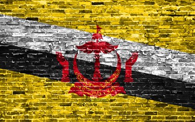 4k, Brunei flag, bricks texture, Asia, national symbols, Flag of Brunei, brickwall, Brunei 3D flag, Asian countries, Brunei