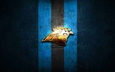 Carolina Panthers, golden logotyp, NFL, bl&#229; metall bakgrund, amerikansk football club, Carolina Panthers logotyp, amerikansk fotboll, USA