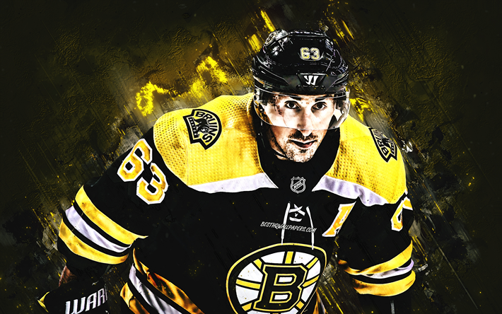 Brad Marchand, portre, Kanadalı hokey oyuncusu, Boston Bruins, NHL, ABD, sarı yaratıcı arka plan, hokey