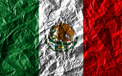 Drapeau mexicain, 4k, papier froiss&#233;, pays d&#39;Am&#233;rique du Nord, cr&#233;atif, Drapeau du Mexique, les symboles nationaux, Am&#233;rique du Nord, Mexique 3D drapeau, Mexique