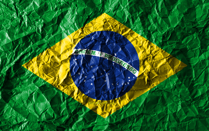 Brazilian flag, 4k, crumpled paper, South American countries, creative, Flag of Brazil, national symbols, South America, Brazil 3D flag, Brazil
