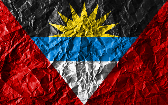 Antigua y Barbuda bandera, 4k, papel arrugado, pa&#237;ses de Am&#233;rica del Norte, creativo, con Bandera de Antigua y Barbuda, los s&#237;mbolos nacionales, de Am&#233;rica del Norte, Antigua y Barbuda