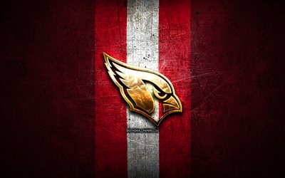 Arizona Cardinals Carneiros, ouro logotipo, NFL, vermelho de metal de fundo, americano futebol clube, Arizona Cardinals logotipo, futebol americano, EUA