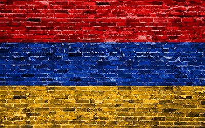 4k, Armenian lippu, tiilet rakenne, Aasiassa, kansalliset symbolit, brickwall, Armenian 3D flag, Aasian maissa, Armenia