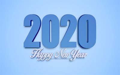 2020 A&#241;o, 4k, 3d, arte, azul 2020 fondo, Feliz Nuevo A&#241;o 2020, creativo, arte 3d, 2020, fondo azul, A&#241;o 2020 conceptos
