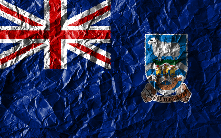 Isole Falkland bandiera, 4k, carta stropicciata, paesi del Sud america, creativo, Bandiera delle Isole Falkland, simboli nazionali, Sud America, Isole Falkland 3D bandiera, Isole Falkland