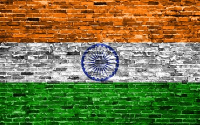 4k, bandera India, los ladrillos, la textura, Asia, los s&#237;mbolos nacionales, la Bandera de la India, brickwall, India 3D de la bandera, los pa&#237;ses de Asia, India