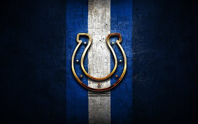 Indianapolis Colts, golden logotyp, NFL, bl&#229; metall bakgrund, amerikansk football club, Indianapolis Colts logotyp, amerikansk fotboll, USA