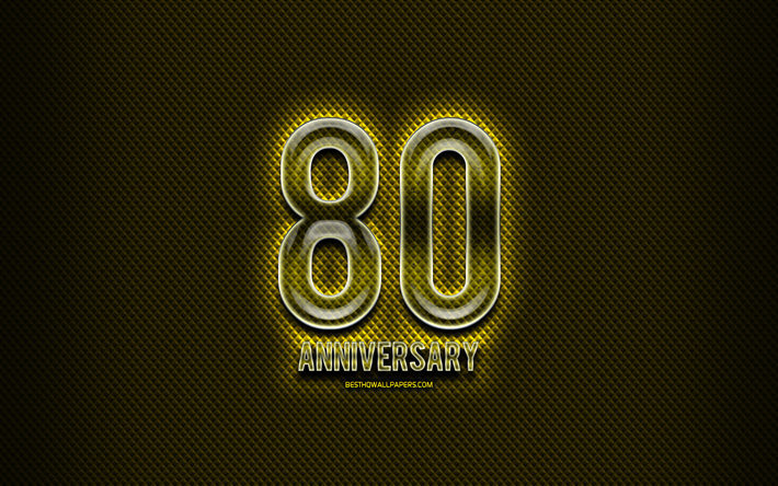 Con motivo de su 80 aniversario, muestras de cristal, amarillo grunge de fondo, de 80 A&#241;os de Aniversario, aniversario de conceptos, creatividad, Cristal 80 aniversario signo