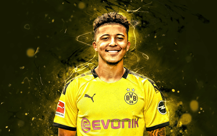 2019-2020 Jadon Sancho, sezon, İngiliz futbolcular, Borussia Dortmund FC, orta saha Oyuncusu, futbol, BVB, Almanya, Bundesliga, Jadon Malik Sancho, neon ışıkları