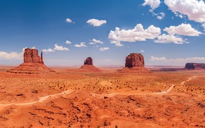 Monument Valley, West Mitten Butte, East Mitten Butte, Merrick Butte, rocce, deserto, Stati Uniti d&#39;america, Arizona, USA