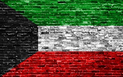 4k, Kuwaitin lippu, tiilet rakenne, Aasiassa, kansalliset symbolit, Lipun Kuwait, brickwall, Kuwait 3D flag, Aasian maissa, Kuwait