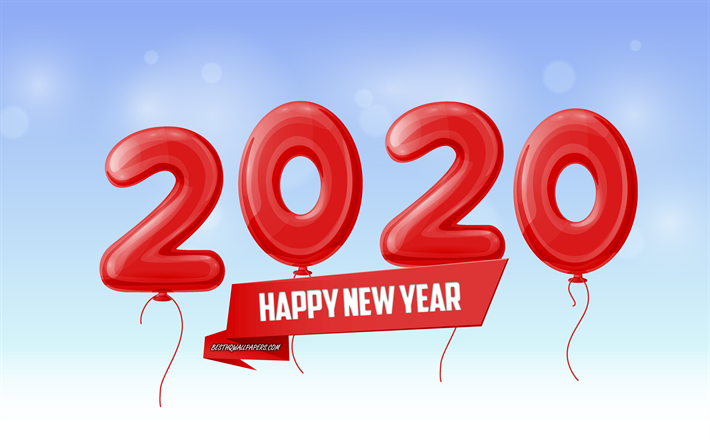 2020 year concepts, red balloons, 2020 background with balloons, creative art, 2020, sky, Happy New Year 2020, 2020 concepts