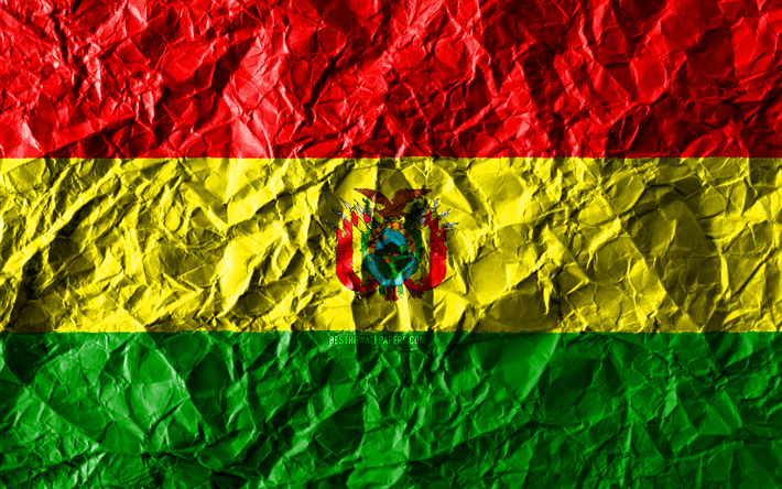 Bolivian flag, 4k, crumpled paper, South American countries, creative, Flag of Bolivia, national symbols, South America, Bolivia 3D flag, Bolivia