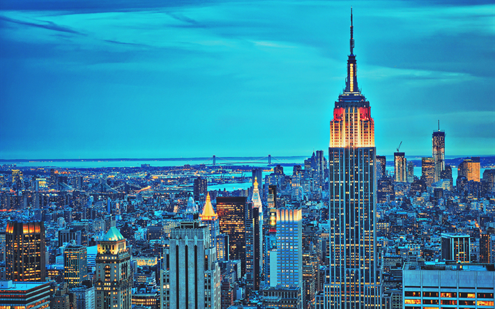 Empire State Building, NYC, kaupunkimaisemat, Manhattan, amerikan kaupungit, nightscapes, pilvenpiirt&#228;ji&#228;, New York, USA, Kaupungit New York, New York illalla, Amerikassa, New York City, moderneja rakennuksia