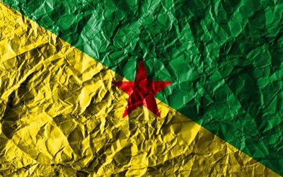 Guiana francesa bandeira, 4k, papel amassado, Pa&#237;ses da Am&#233;rica do sul, criativo, Bandeira da Guiana francesa, s&#237;mbolos nacionais, Am&#233;rica Do Sul, Guiana francesa 3D bandeira, Guiana Francesa