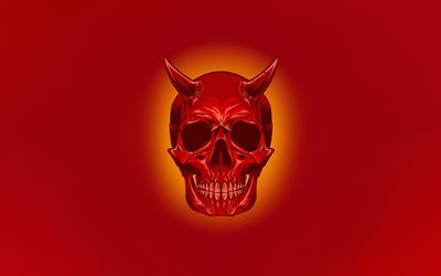 red skull, 4k, un minimum de, diable rouge, cr&#233;atif, fond rouge, cr&#226;ne de dessin anim&#233;, illustration, cr&#226;ne, diable