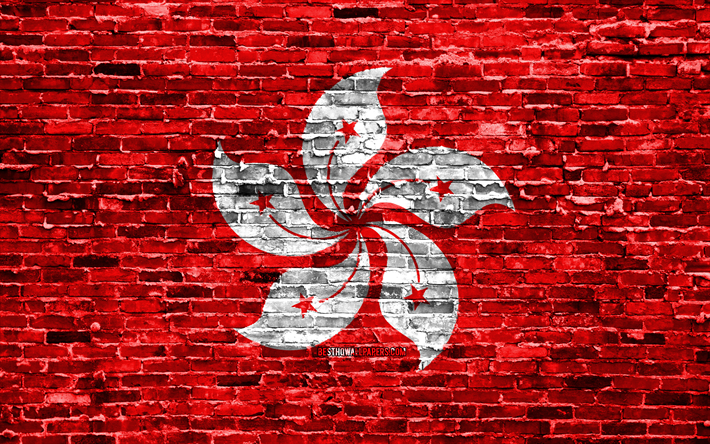 4k, Hong Kong flag, bricks texture, Asia, national symbols, Flag of Hong Kong, brickwall, Hong Kong 3D flag, Asian countries, Hong Kong