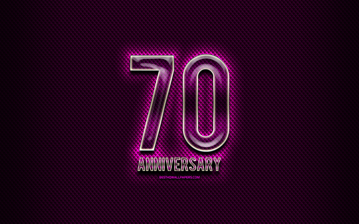 70e anniversaire, panneaux en verre, violet grunge fond, 70 Ans Anniversaire, anniversaire, concepts, cr&#233;ativit&#233;, en Verre de 70 anniversaire signe