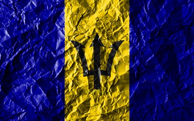Barbados flagga, 4k, skrynkliga papper, Nordamerikanska l&#228;nder, kreativa, Flagga av Barbados, nationella symboler, Nordamerika, Barbados 3D-flagga, Barbados
