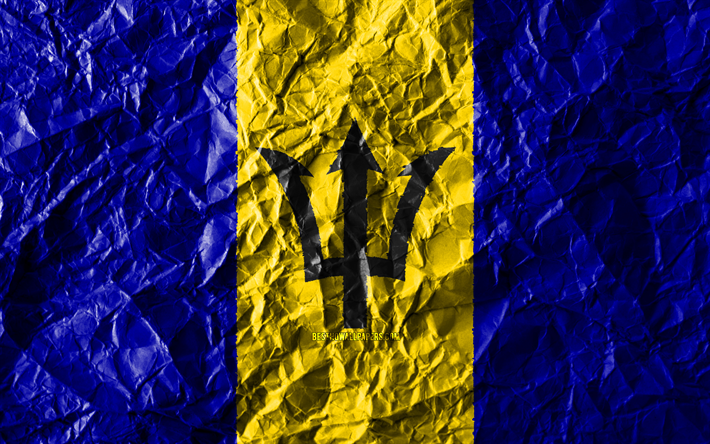 Barbados bandiera, 4k, carta stropicciata, paesi del Nord america, creativo, Bandiera di Barbados, simboli nazionali, Nord America, Barbados 3D bandiera, Barbados
