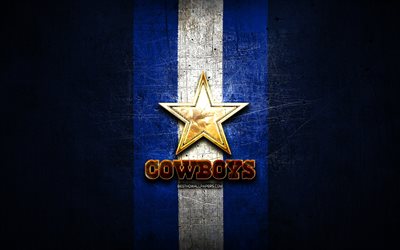 Dallas Cowboys, altın logo, NFL, mavi metal arka plan, Amerikan Futbol Kul&#252;b&#252;, Dallas Cowboys logo, Amerikan Futbolu, ABD