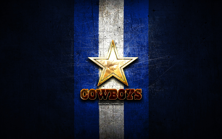 Dallas Cowboys, golden logo, NFL, blue metal background, american football club, Dallas Cowboys logo, american football, USA