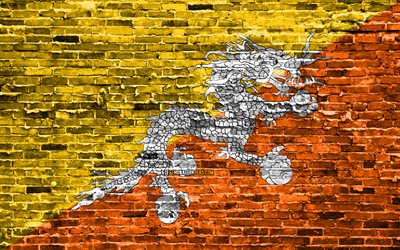 4k, Bhutan bayrağı, tuğla doku, Asya, ulusal semboller, Bhutan Bayrağı, brickwall, Butan 3D bayrak, Asya &#252;lkelerinden Bhutan