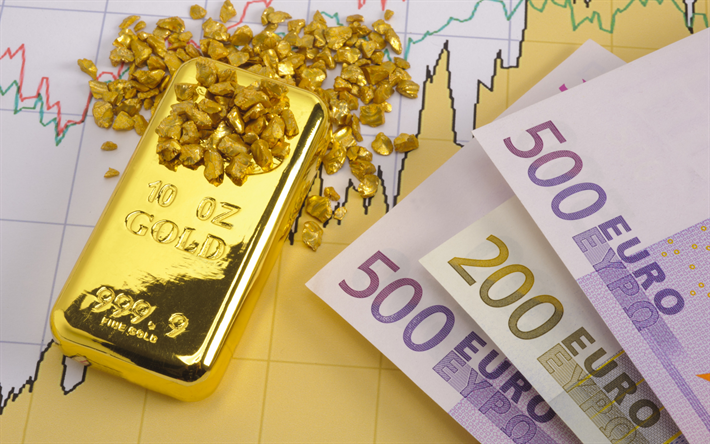dinheiro e ouro, conceitos de finan&#231;as, barra de ouro, euro, conceitos de neg&#243;cios, 500 notas de euro, ouro