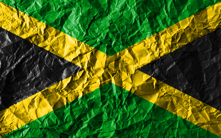 Jamaicanska flaggan, 4k, skrynkliga papper, Nordamerikanska l&#228;nder, kreativa, Flagga av Jamaica, nationella symboler, Nordamerika, Jamaica 3D-flagga, Jamaica