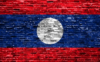 4k, Laotian flag, bricks texture, Asia, national symbols, Flag of Laos, brickwall, Laos 3D flag, Asian countries, Laos