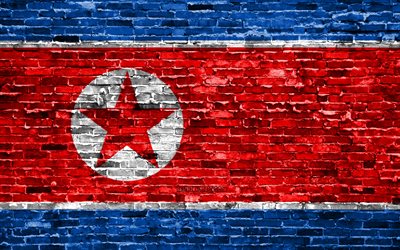 4k, Pohjois-Korean lippu, tiilet rakenne, Aasiassa, kansalliset symbolit, brickwall, Pohjois-Korea 3D flag, Aasian maissa, Pohjois-Korea