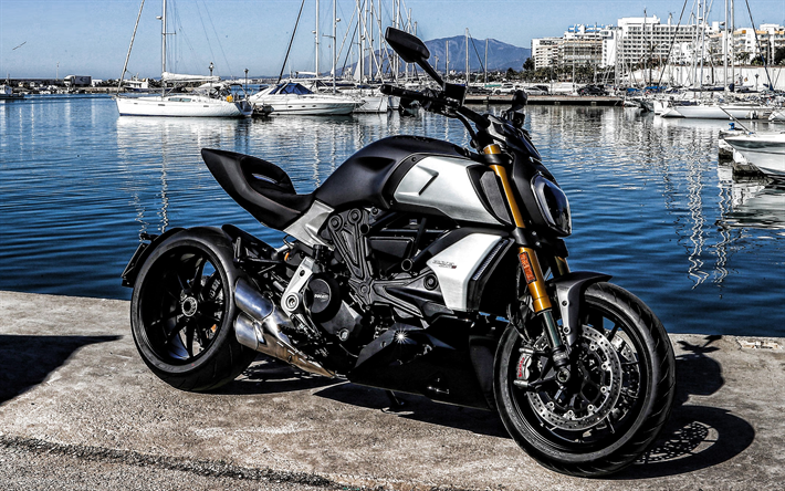 Ducati Diavel 1260S, 2019, exteri&#246;r, side view, cool motorcykel, svart silver Diavel 1260, italienska motorcyklar, Ducati