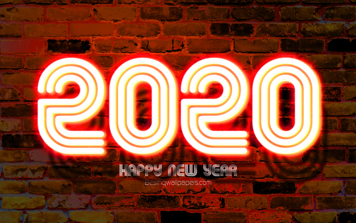 2020 orange neon siffror, 4k, Gott Nytt &#197;r 2020, orange brickwall, 2020 neon art, 2020 begrepp, orange neon siffror, 2020 p&#229; orange bakgrund, 2020 &#229;rs siffror