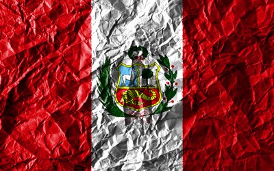 Peru bayrağı, 4k, buruşuk kağıt, G&#252;ney Amerika &#252;lkeleri, yaratıcı, Peru Bayrağı, ulusal semboller, G&#252;ney Amerika, Peru, 3D bayrak