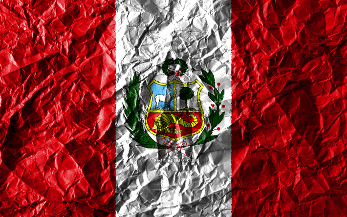 Peruanska flaggan, 4k, skrynkliga papper, Sydamerikanska l&#228;nder, kreativa, Flaggan i Peru, nationella symboler, Sydamerika, Peru 3D-flagga, Peru