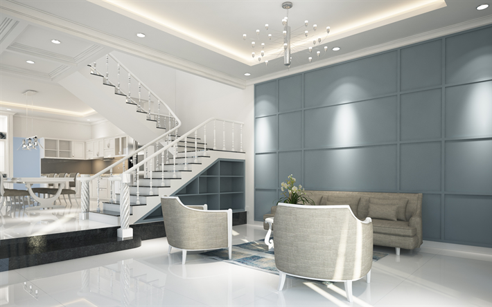 ylellinen olohuone sisustus, moderni tyyli, valkoinen portaikko, tyylik&#228;s huonekalut, valkoinen olohuone, olohuoneen sisustus
