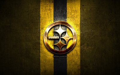 Pittsburgh Steelers, logo dorato, NFL, giallo, metallo, sfondo, americano, football club, Pittsburgh Steelers logo, football americano, USA