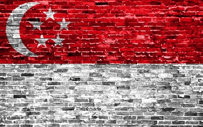 4k, singapur flagge, ziegel-textur, asien, nationalen symbole, die flagge von singapur, brickwall, singapur, 3d flag, asiatische l&#228;nder