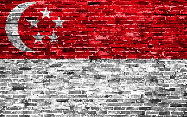 4k, Singaporen lippu, tiilet rakenne, Aasiassa, kansalliset symbolit, Lipun Singapore, brickwall, Singapore 3D flag, Aasian maissa, Singapore