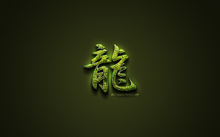 Dragon Kanji hieroglyf, gr&#246;n blommig symboler, Dragon Japansk Symbol, japansk hieroglyfer, Kanji, Japansk Symbol f&#246;r Dragon, gr&#228;s symboler, Dragon Japanska tecken