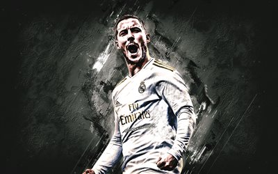 Eden Hazard, Belga giocatore di calcio, un centrocampista offensivo, ritratto, Real Madrid, creativo, arte, pietra, sfondo grigio, La Liga, La Spagna, il calcio