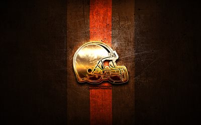 Cleveland Browns, golden logo, NFL, brown metal background, american football club, Cleveland Browns logo, american football, USA