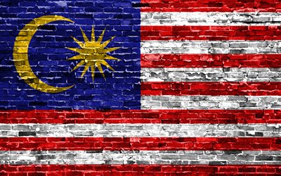 4k, Malaysian flag, bricks texture, Asia, national symbols, Flag of Malaysia, brickwall, Malaysia 3D flag, Asian countries, Malaysia