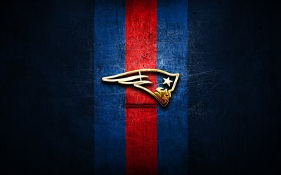 New England Patriots, golden logo, NFL, blue metal background, american football club, New England Patriots logo, american football, USA