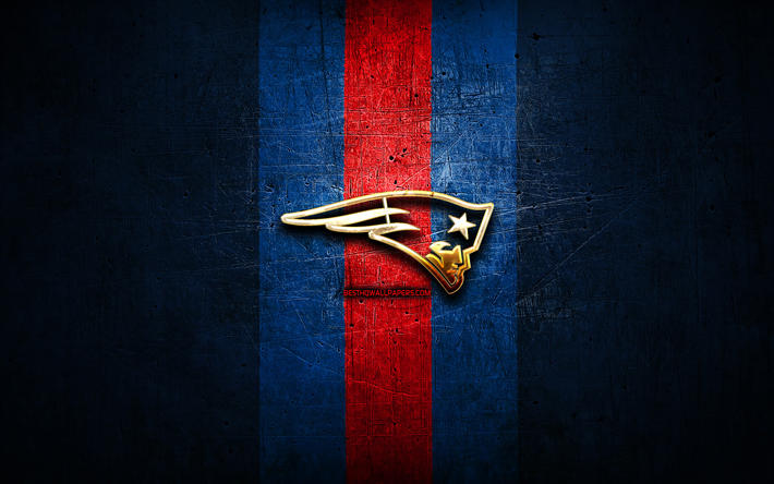 New England Patriots, logo dorato, NFL, blu, metallo, sfondo, club di football americano, New England Patriots logo, football americano, USA